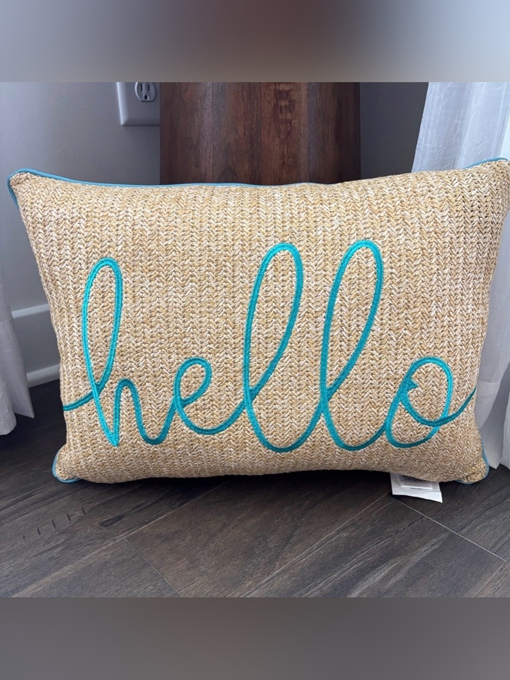 At Home Outdoor fade resistant,natural fiber, zipper closure, Hello  embroidered